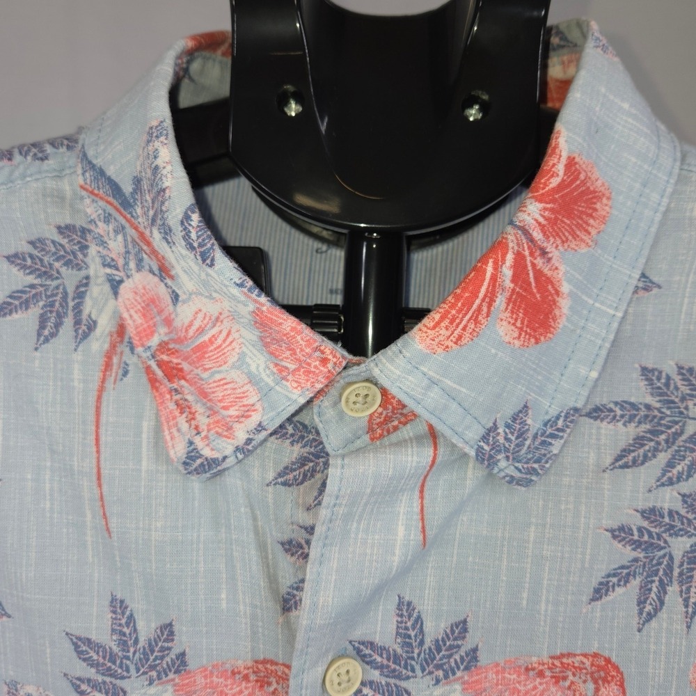 IZOD Saltwater Mens Large Blue Parrot Hibiscus Floral Button Down Hawaiian Shirt